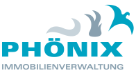 Logo Phönix Immobilienverwaltung, bestehend aus einem Schriftzug und 3 Symbolen die aufsteigend Rauch, Feuer und den Phönix Vogel darstellen sollen