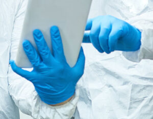 Gefahrstoffbeseitigung: Nahaufnahme von zwei Männer in weißen Schutzanzügen, blauen Handschuhen tippen gemeinsam auf ein tablet